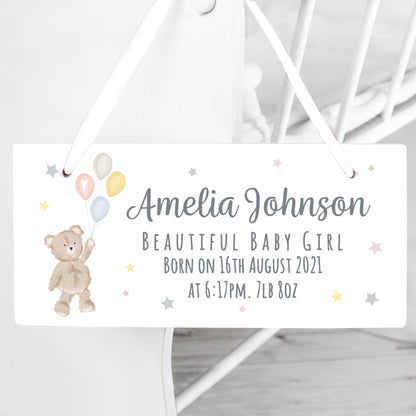 Personalised Teddy & Balloons White Wooden Sign - MK&JD Gifts