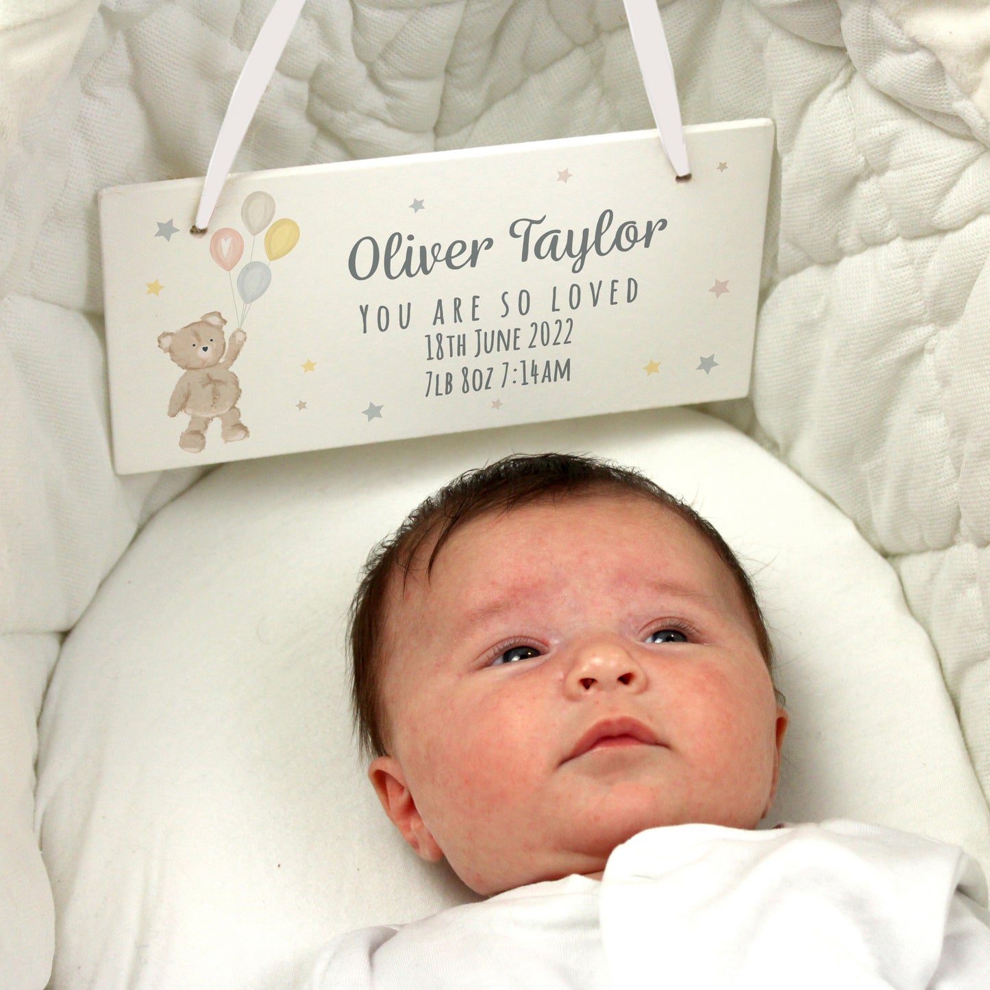 Personalised Teddy & Balloons White Wooden Sign - MK&JD Gifts