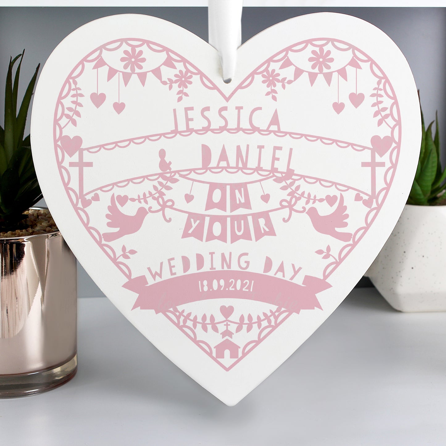 Personalised Pink Papercut Style Large Wooden Heart - MK&JD Gifts