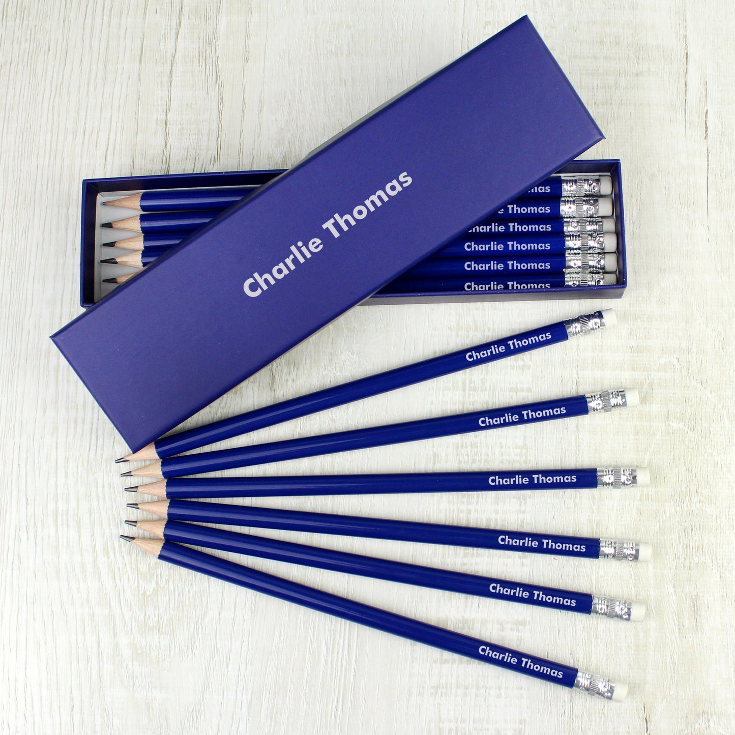 Personalised Name Only Box and 12 Blue HB Pencils - MK&JD Gifts