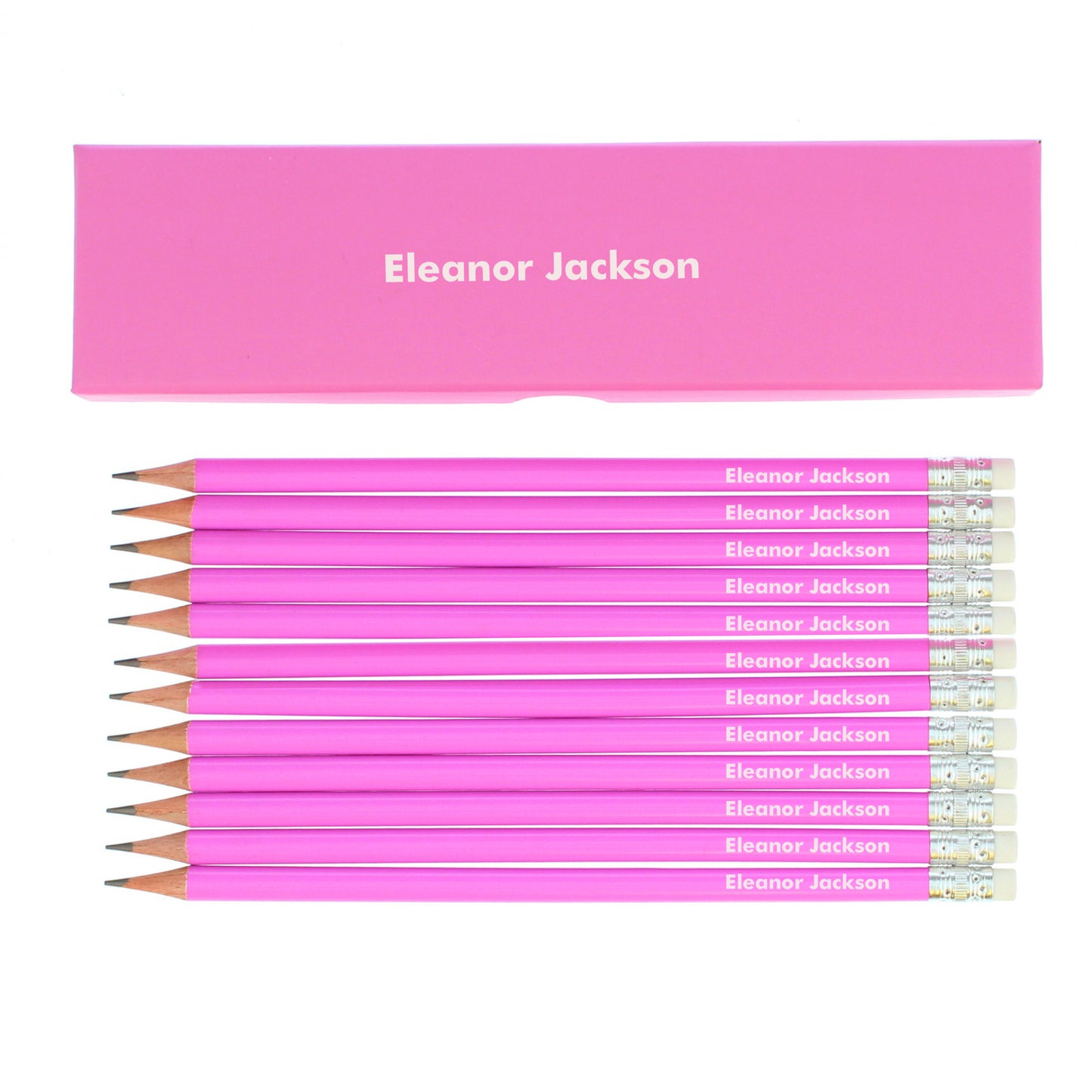 Personalised Name Only Box and 12 Pink HB Pencils - MK&JD Gifts
