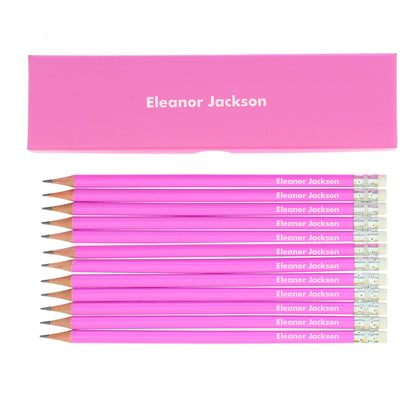 Personalised Name Only Box and 12 Pink HB Pencils - MK&JD Gifts