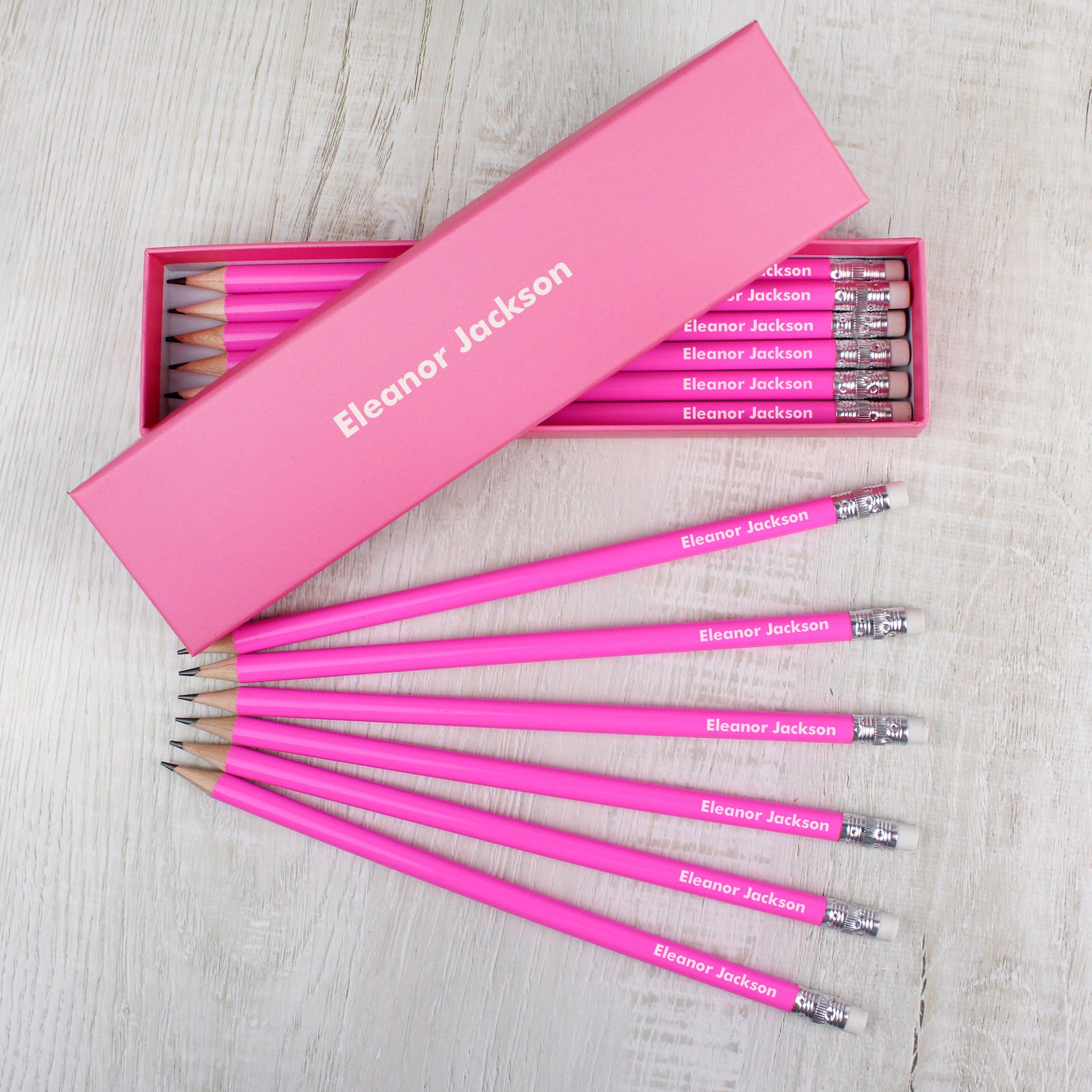 Personalised Name Only Box and 12 Pink HB Pencils - MK&JD Gifts