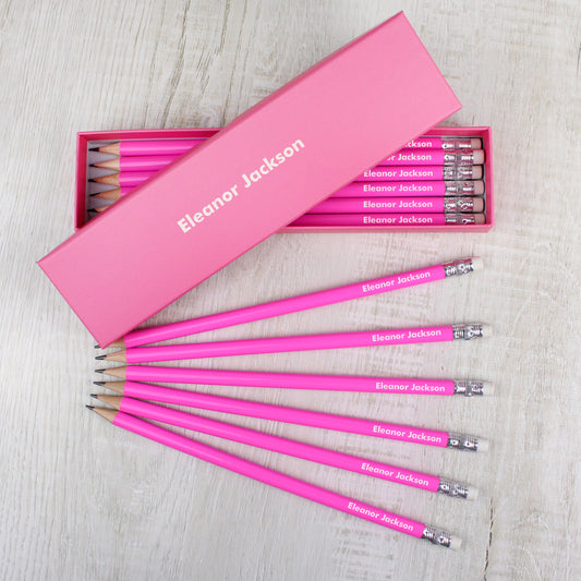 Personalised Name Only Box and 12 Pink HB Pencils - MK&JD Gifts