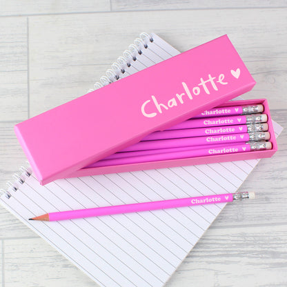 Personalised Heart Box and 12 Pink HB Pencils - MK&JD Gifts