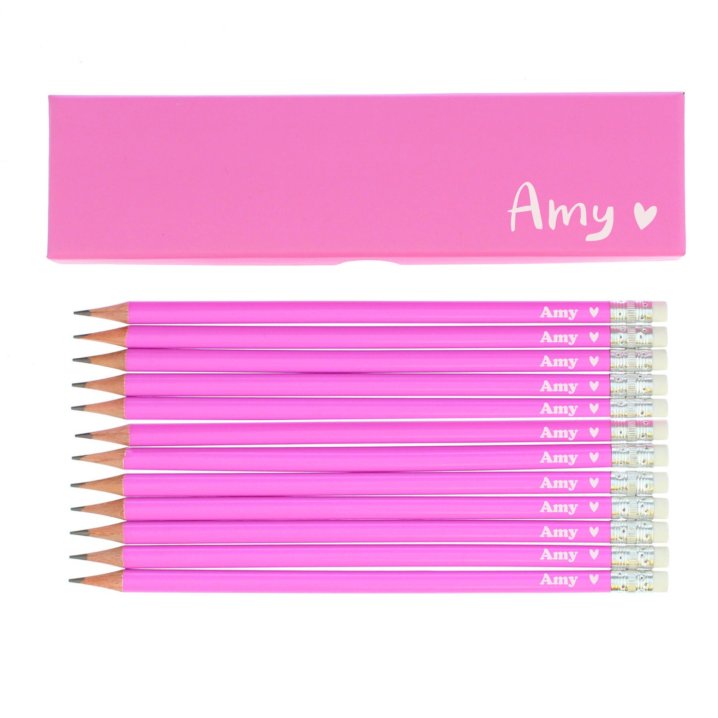 Personalised Heart Box and 12 Pink HB Pencils - MK&JD Gifts