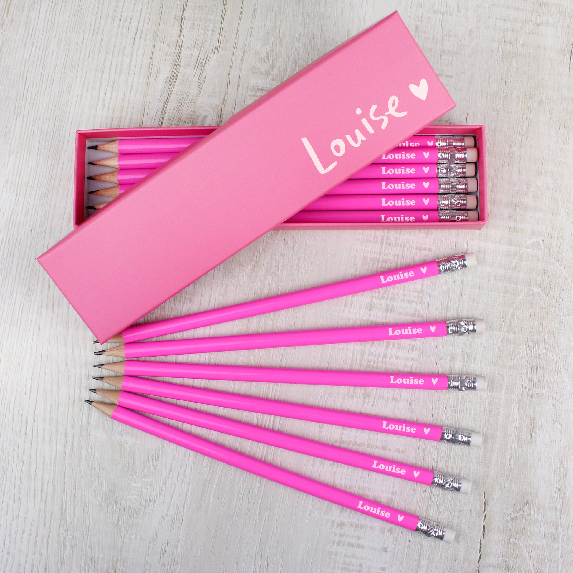 Personalised Heart Box and 12 Pink HB Pencils - MK&JD Gifts