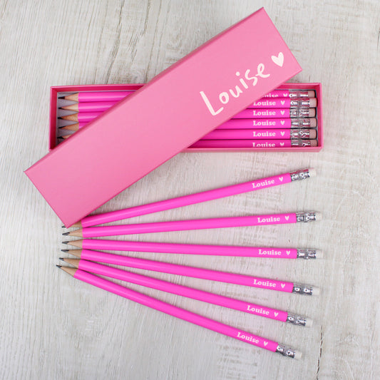 Personalised Heart Box and 12 Pink HB Pencils - MK&JD Gifts