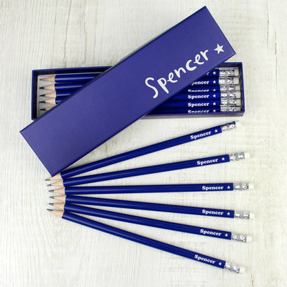 Personalised Star Box and 12 Blue HB Pencils - MK&JD Gifts
