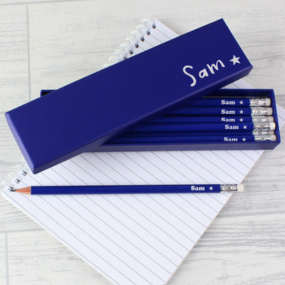 Personalised Star Box and 12 Blue HB Pencils - MK&JD Gifts