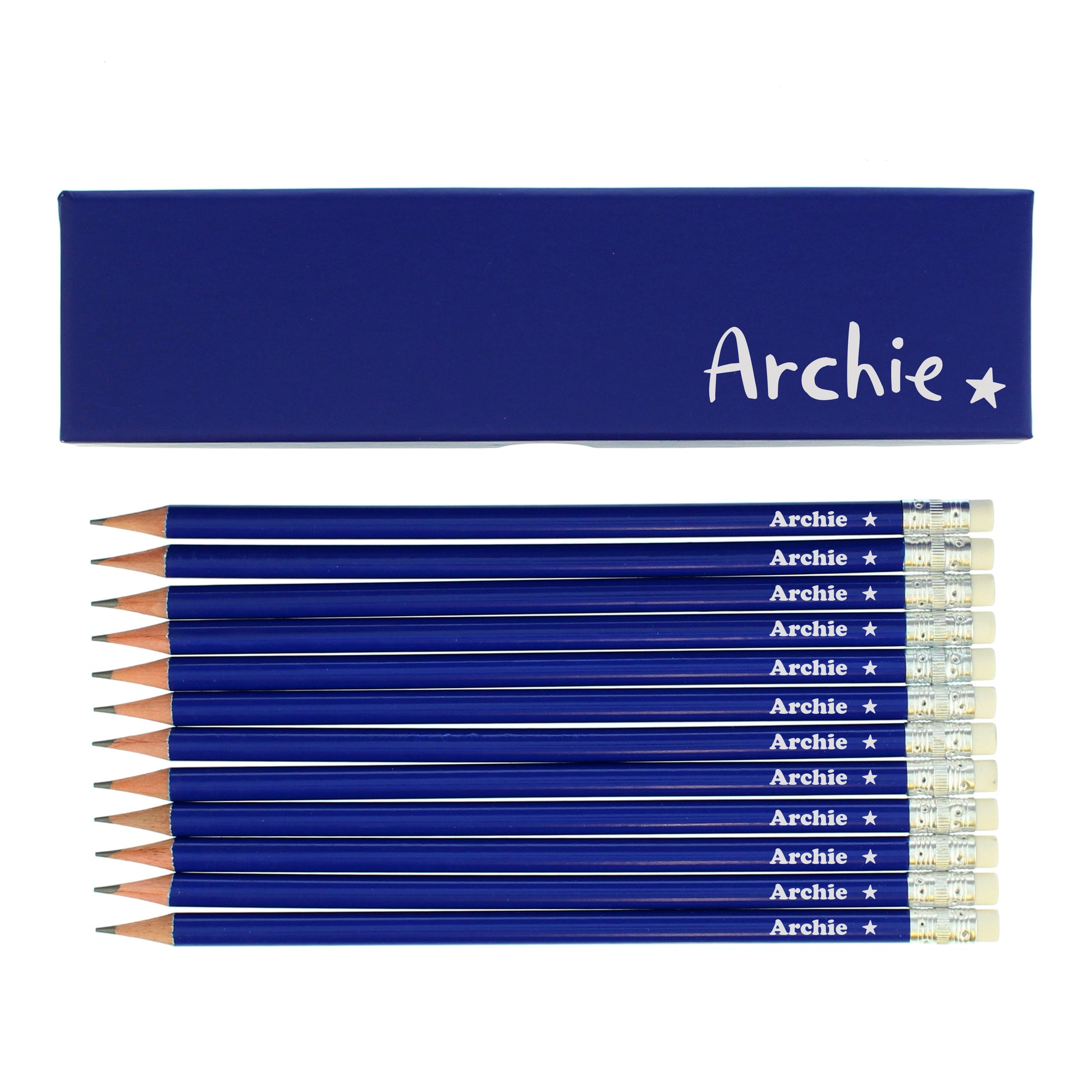 Personalised Star Box and 12 Blue HB Pencils - MK&JD Gifts