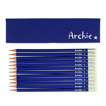 Personalised Star Box and 12 Blue HB Pencils - MK&JD Gifts