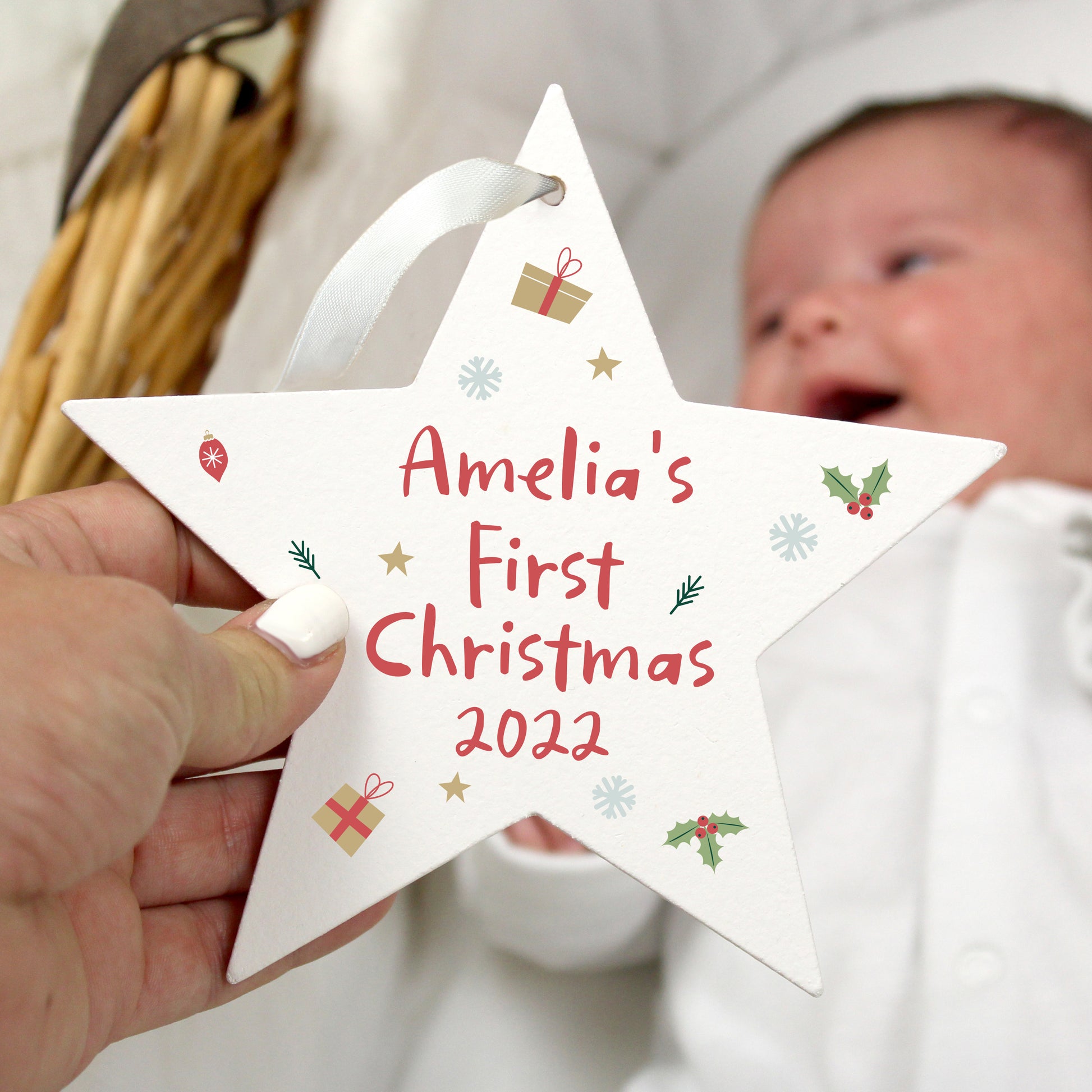 Personalised First Christmas Wooden Star Decoration - MK&JD Gifts