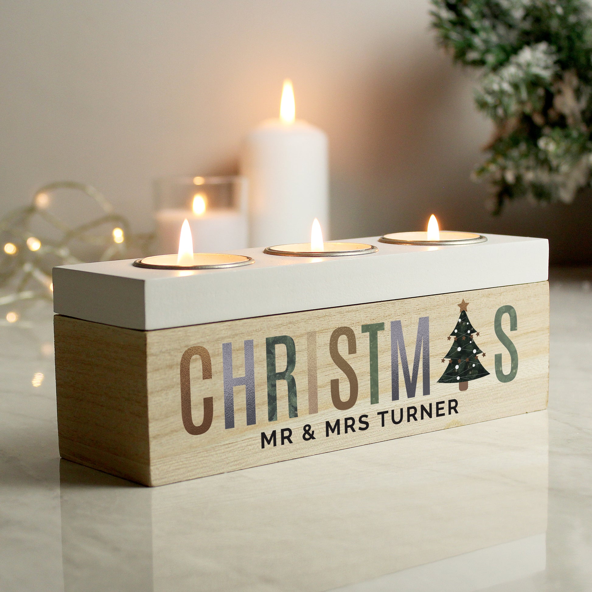 Personalised Christmas Tree Triple Tea Light Box - MK&JD Gifts