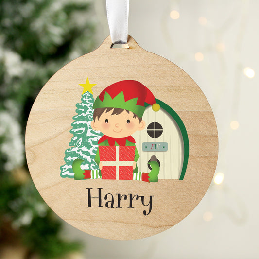 Personalised Elf Round Wooden Decoration - MK&JD Gifts