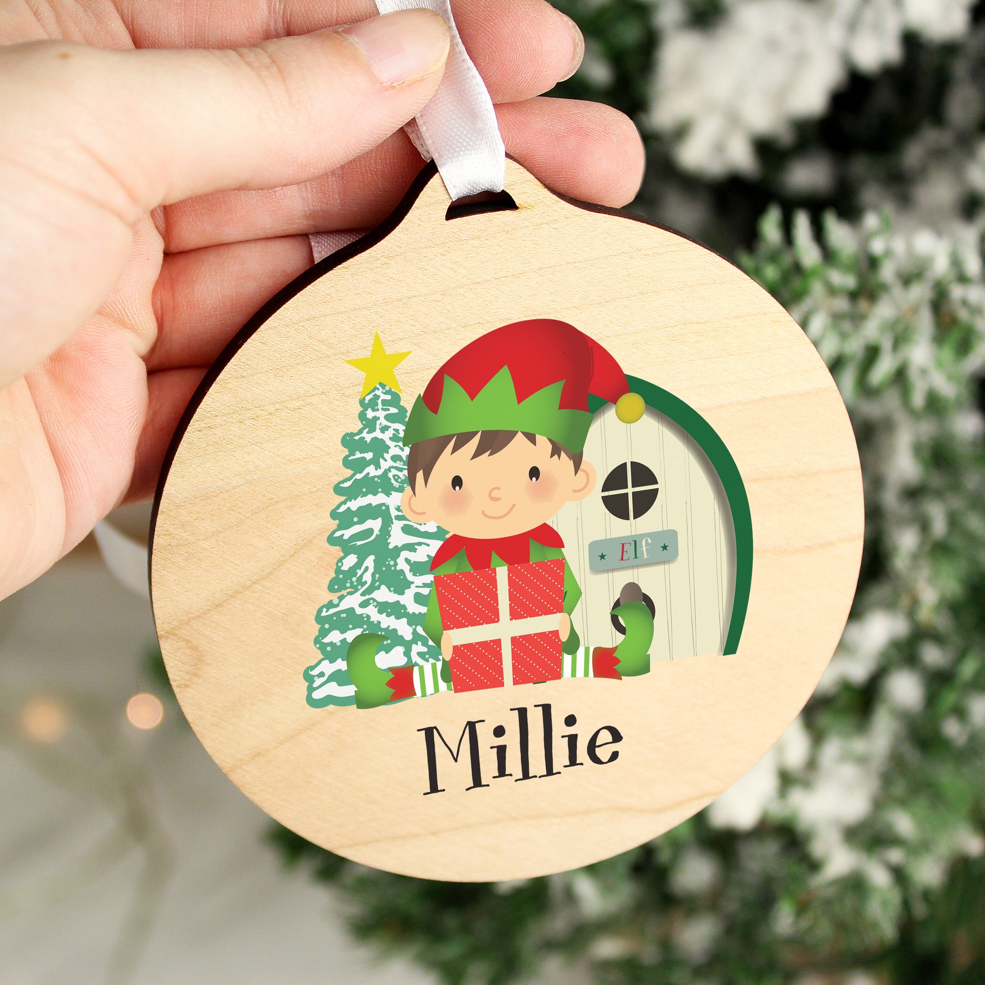 Personalised Elf Round Wooden Decoration - MK&JD Gifts