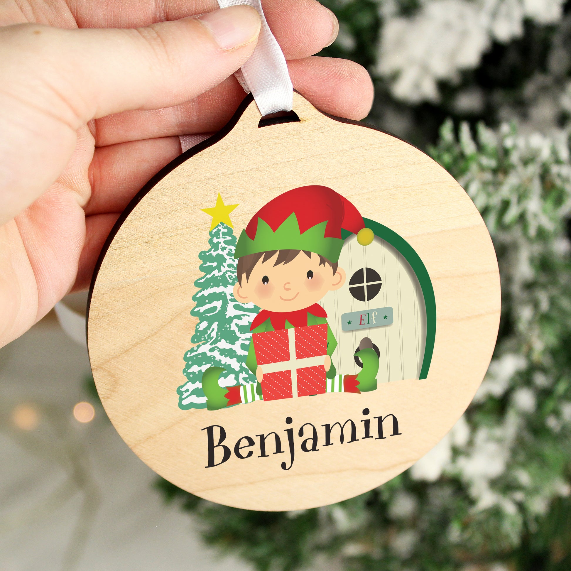 Personalised Elf Round Wooden Decoration - MK&JD Gifts