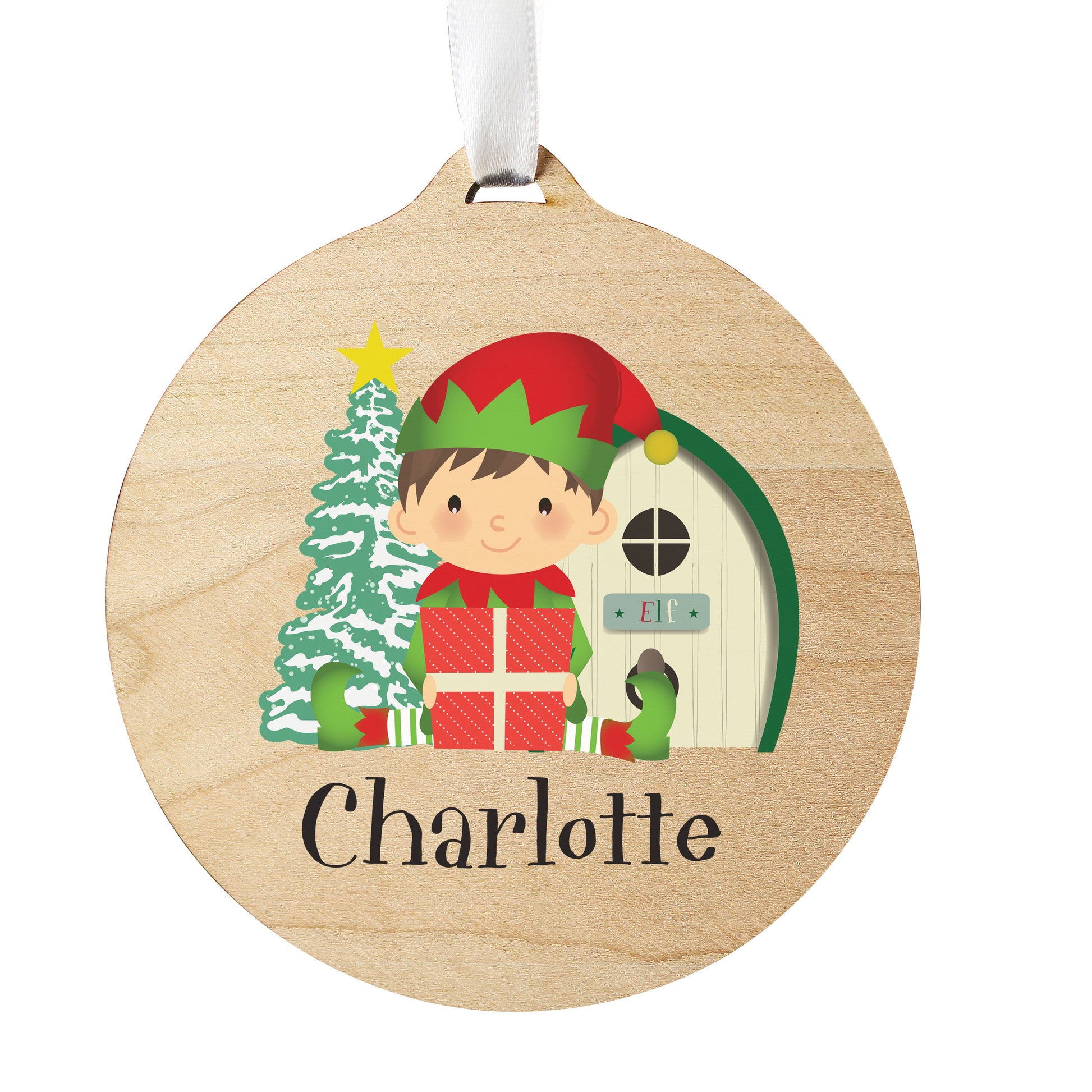 Personalised Elf Round Wooden Decoration - MK&JD Gifts