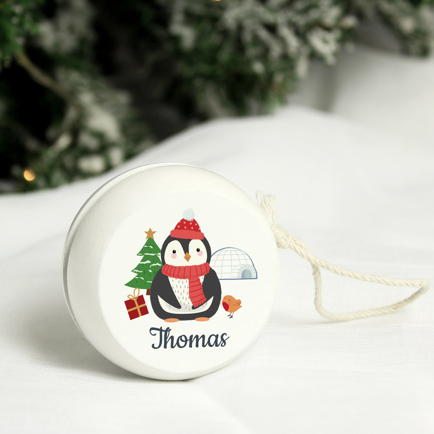 Personalised Christmas Penguin White Wooden Yoyo - MK&JD Gifts