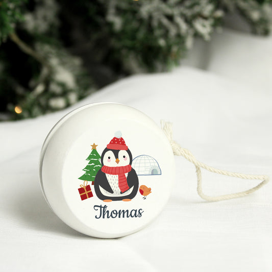 Personalised Christmas Penguin White Wooden Yoyo - MK&JD Gifts