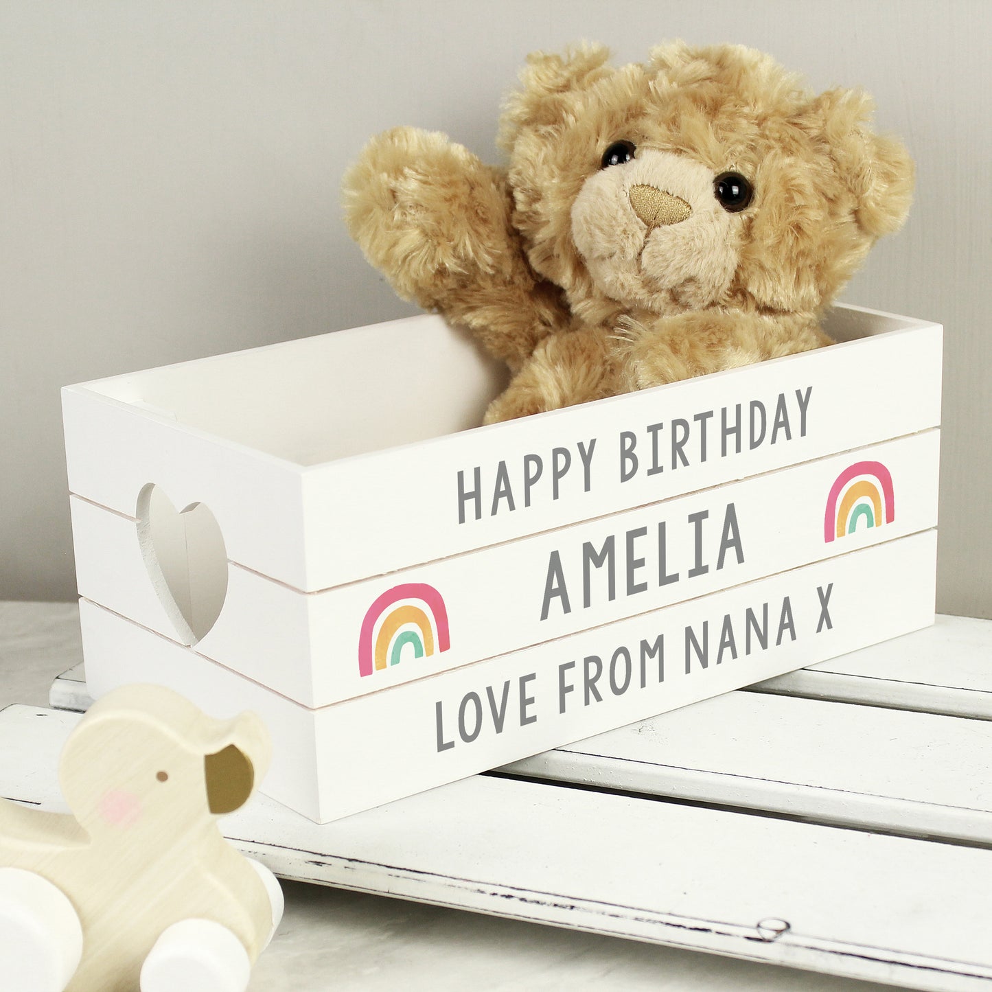 Personalised Rainbow White Wooden Crate - MK&JD Gifts
