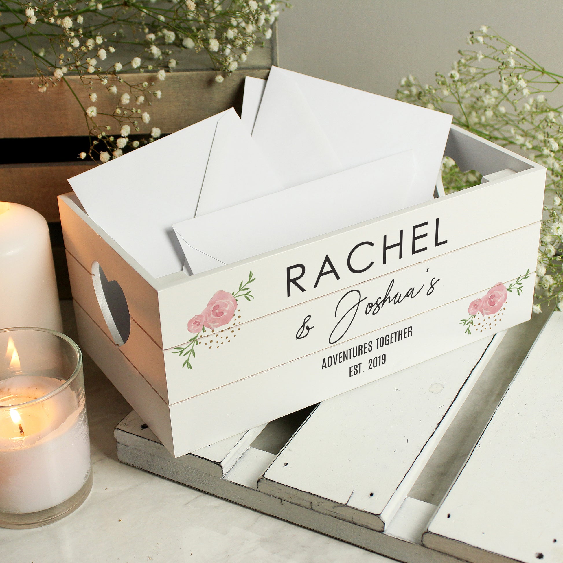 Personalised Abstract Rose White Wooden Crate - MK&JD Gifts
