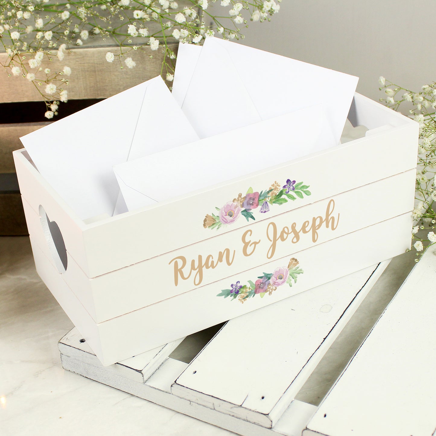Personalised Floral Couples White Wooden Crate - MK&JD Gifts