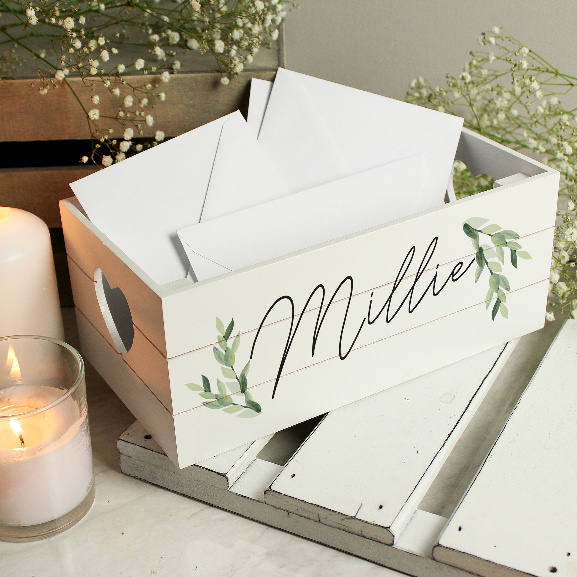 Personalised Name Only Botanical White Wooden Crate - MK&JD Gifts