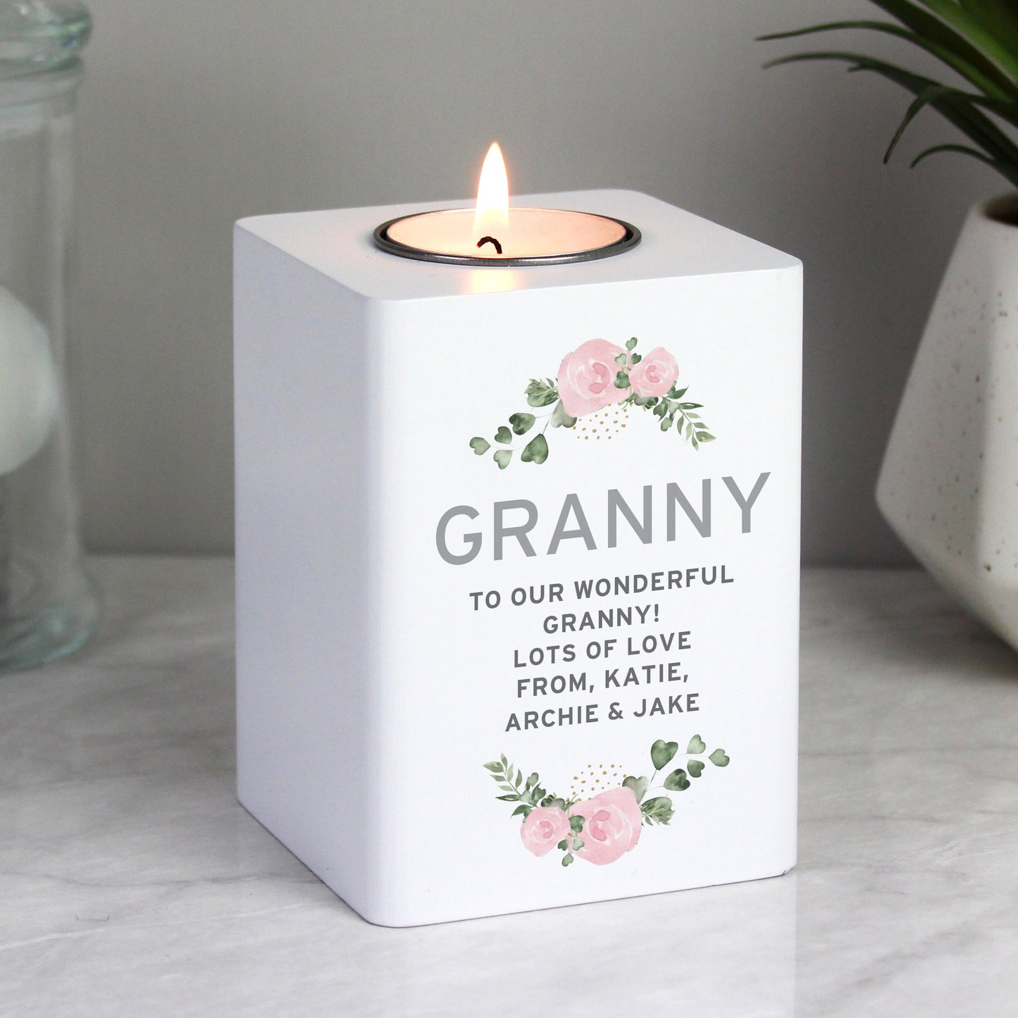 Personalised Abstract Rose White Wooden Tea light Holder - MK&JD Gifts