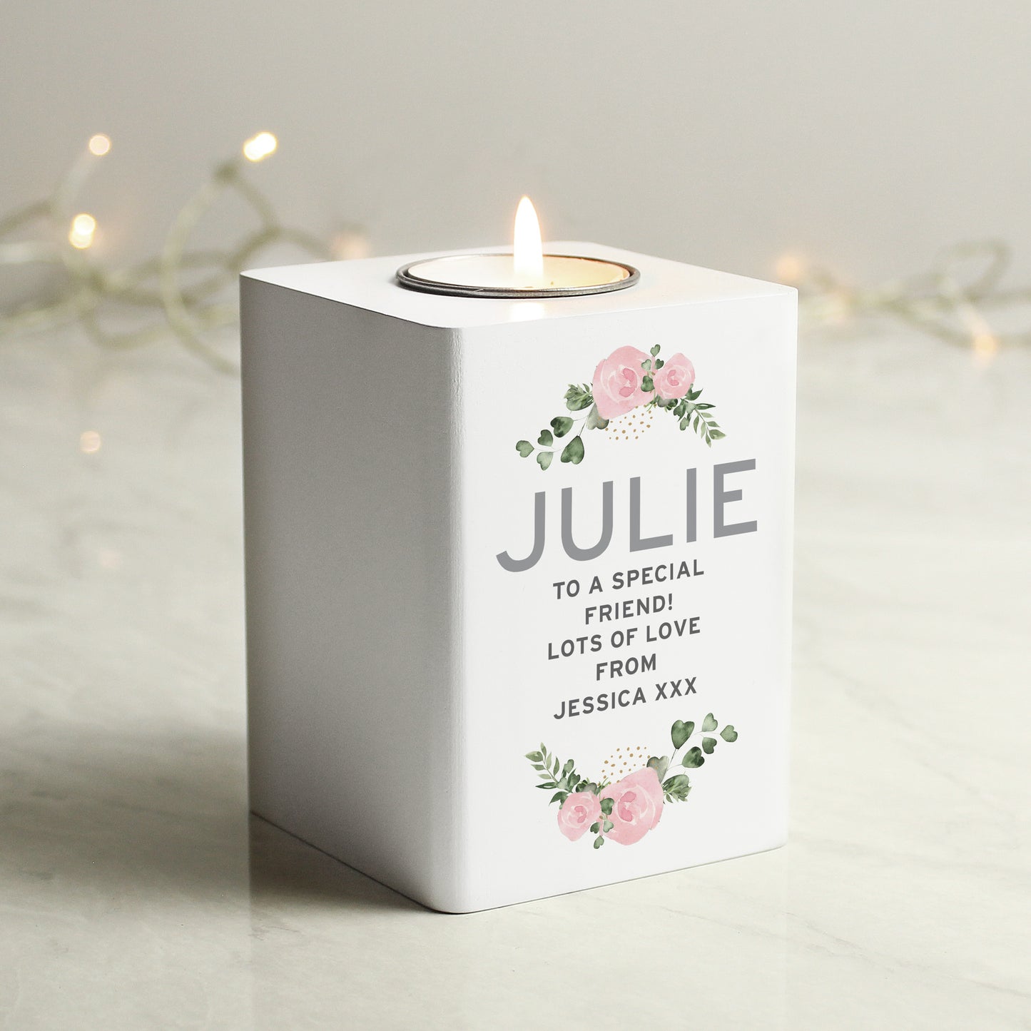 Personalised Abstract Rose White Wooden Tea light Holder - MK&JD Gifts