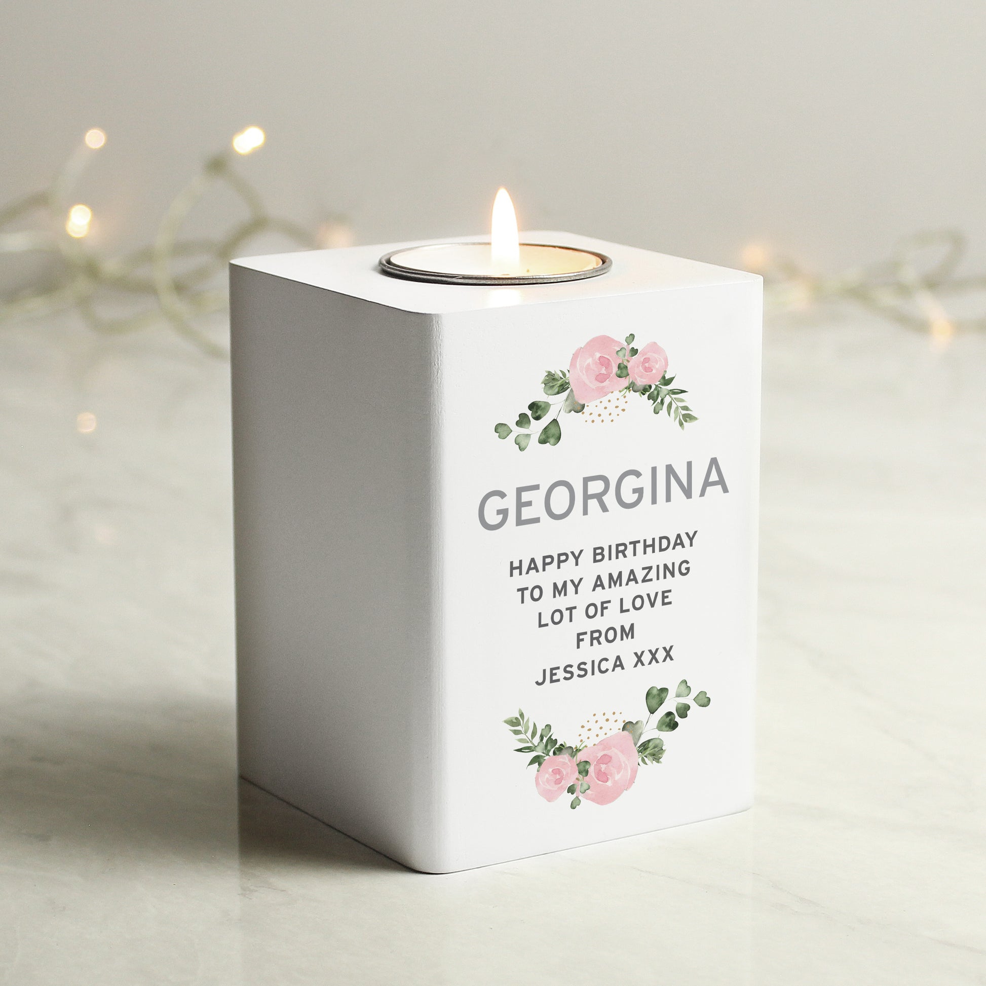 Personalised Abstract Rose White Wooden Tea light Holder - MK&JD Gifts