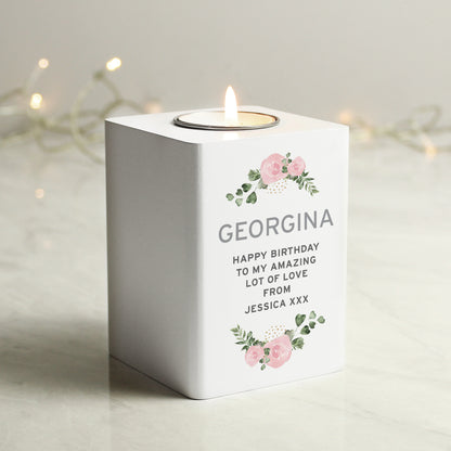 Personalised Abstract Rose White Wooden Tea light Holder - MK&JD Gifts