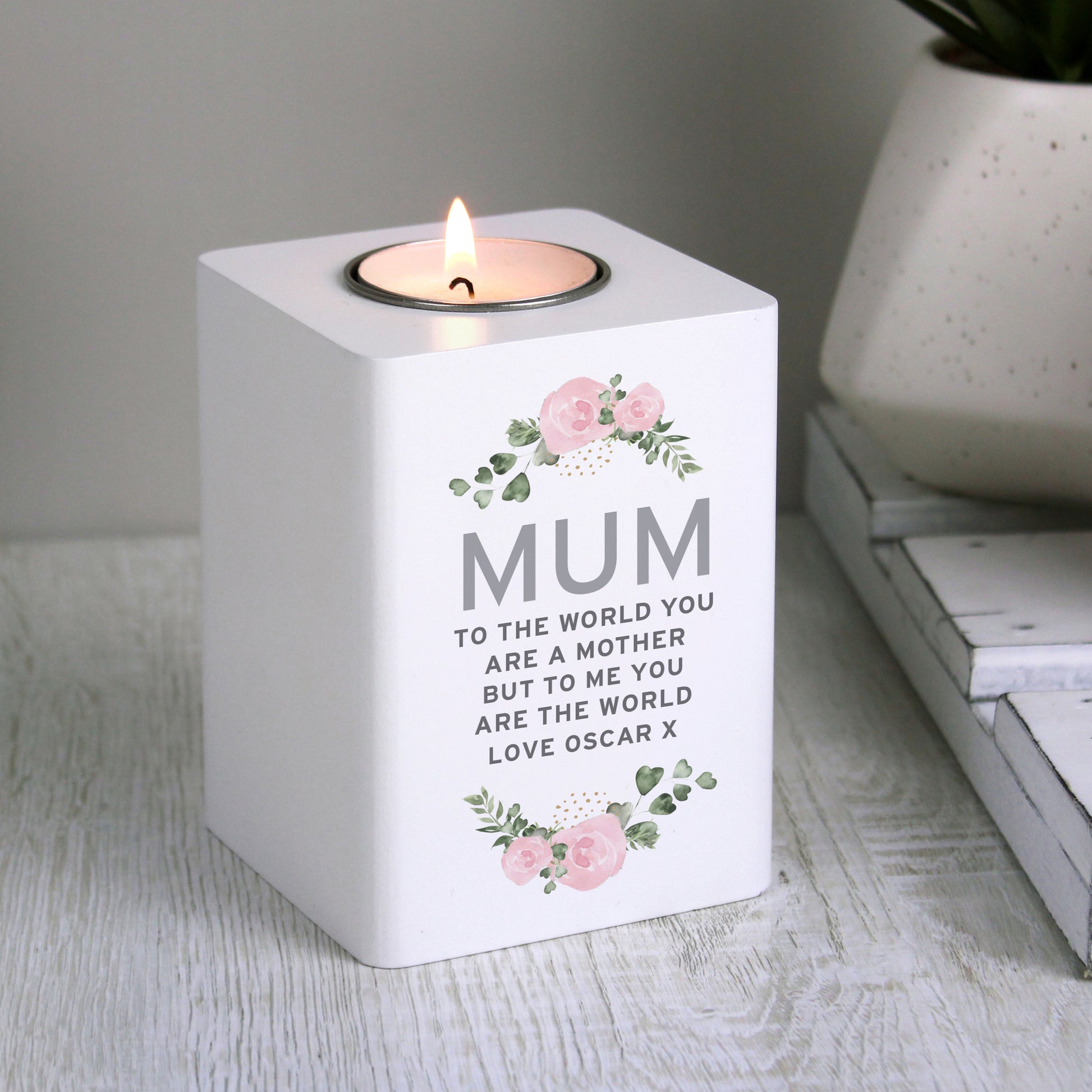Personalised Abstract Rose White Wooden Tea light Holder - MK&JD Gifts