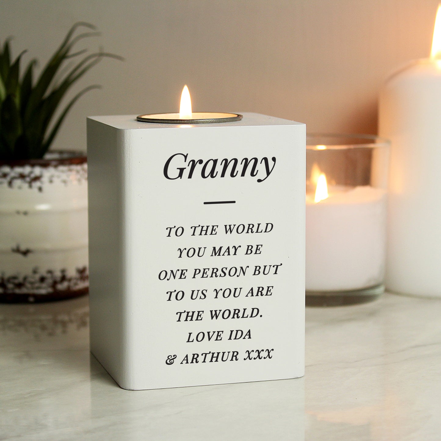 Personalised Free Text White Wooden Tea light Holder - MK&JD Gifts