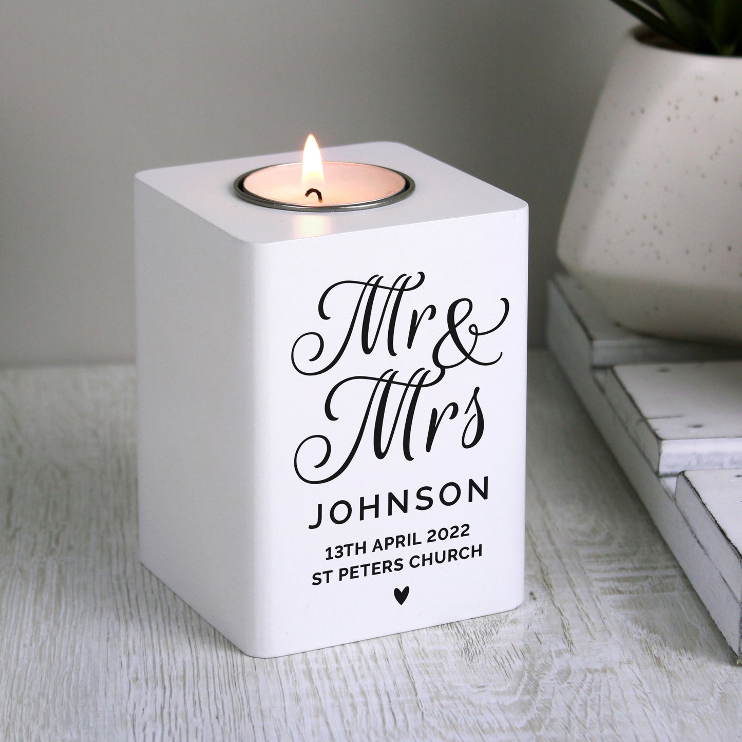 Personalised Mr & Mrs White Wooden Tea light Holder - MK&JD Gifts