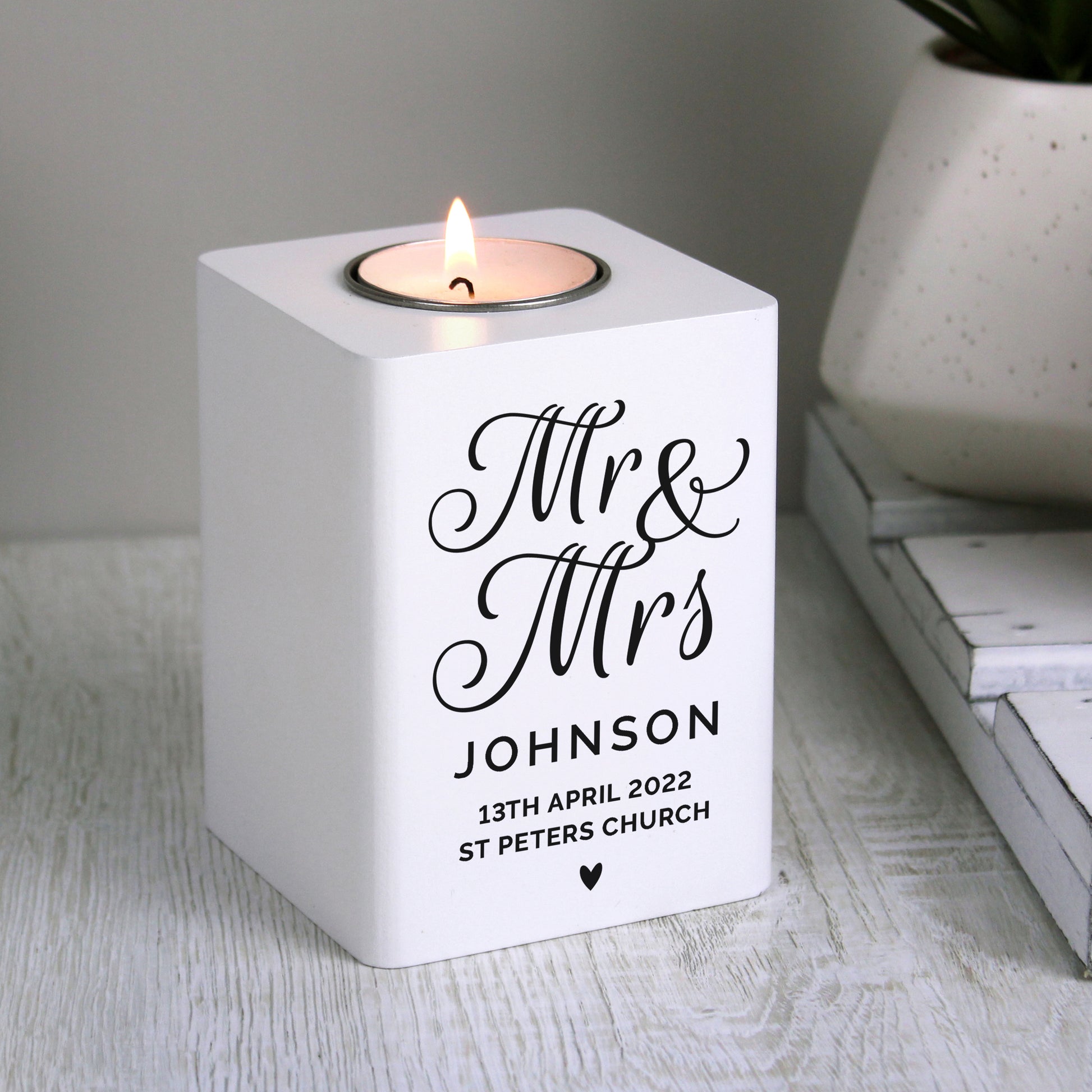 Personalised Mr & Mrs White Wooden Tea light Holder - MK&JD Gifts