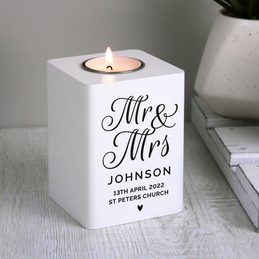 Personalised Mr & Mrs White Wooden Tea light Holder - MK&JD Gifts