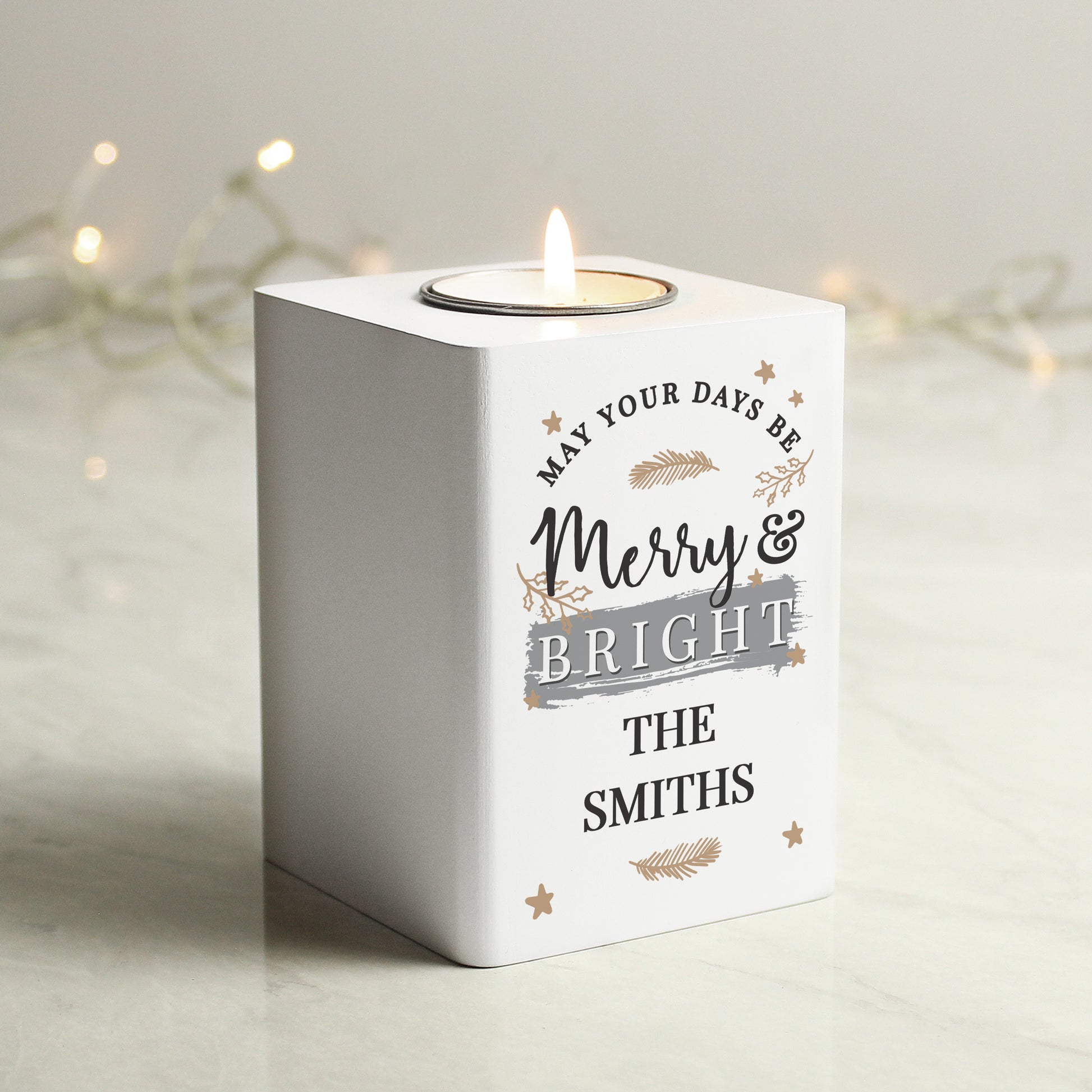 Personalised Merry & Bright White Wooden Tea light Holder - MK&JD Gifts