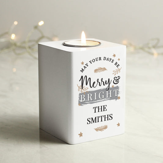 Personalised Merry & Bright White Wooden Tea light Holder - MK&JD Gifts