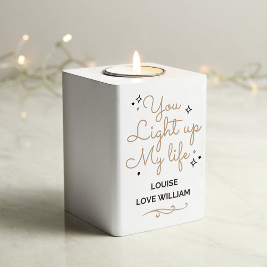 Personalised Light Up My Life White Wooden Tea light Holder - MK&JD Gifts