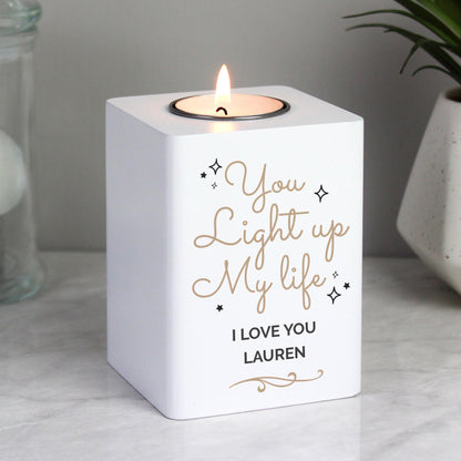 Personalised Light Up My Life White Wooden Tea light Holder - MK&JD Gifts
