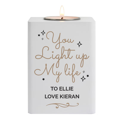 Personalised Light Up My Life White Wooden Tea light Holder - MK&JD Gifts