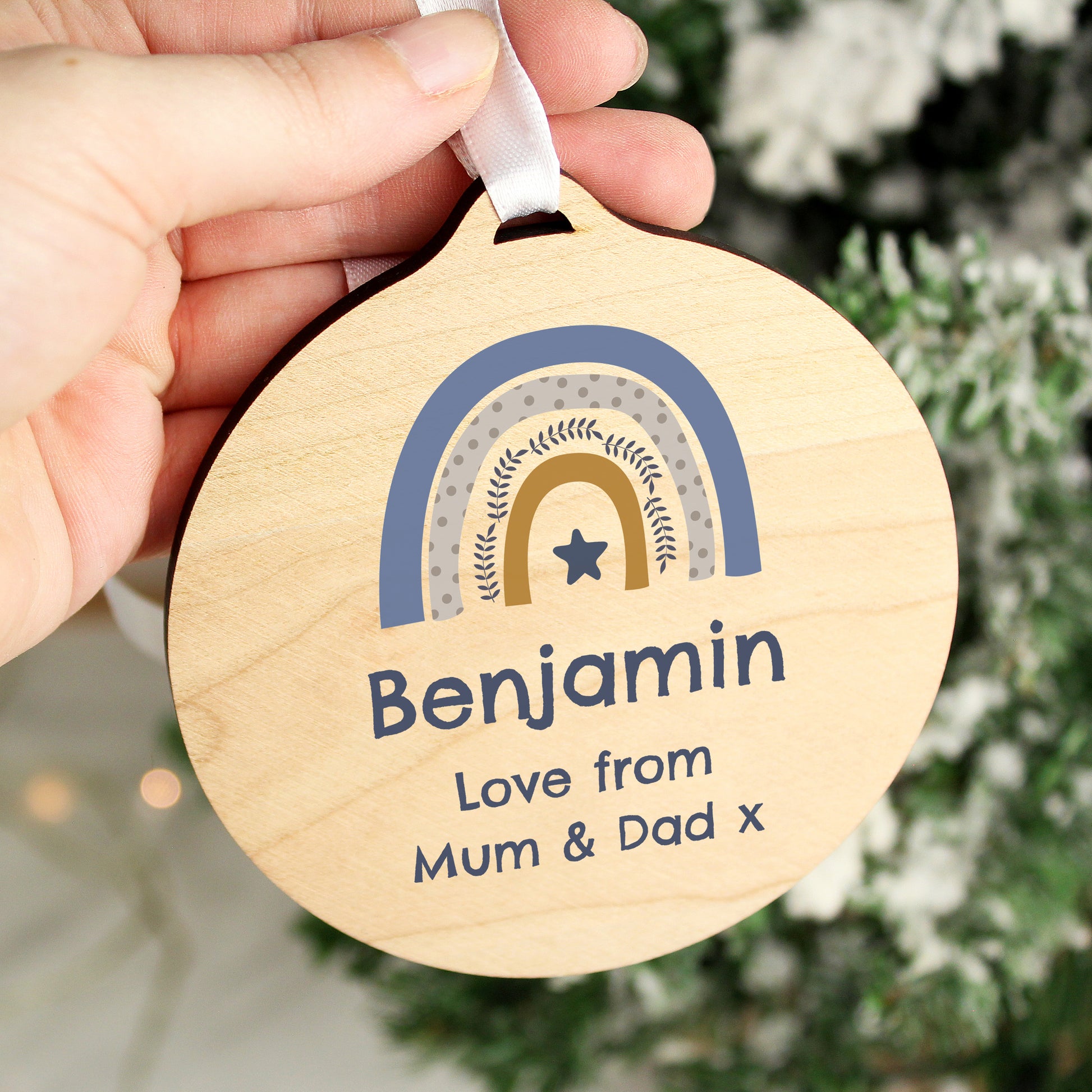 Personalised Blue Rainbow Round Wooden Decoration - MK&JD Gifts