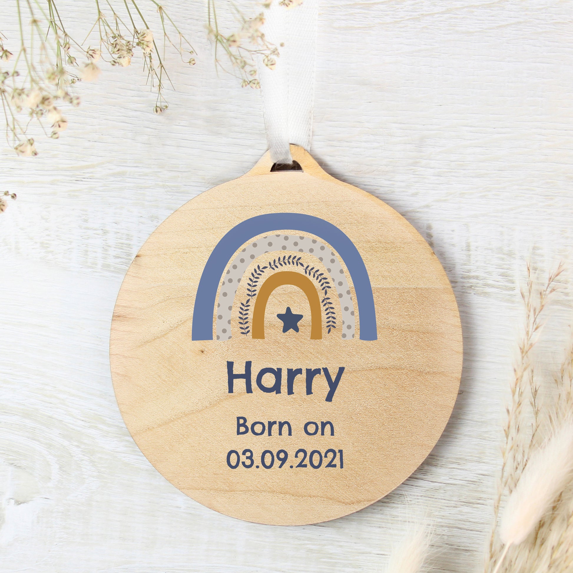 Personalised Blue Rainbow Round Wooden Decoration - MK&JD Gifts