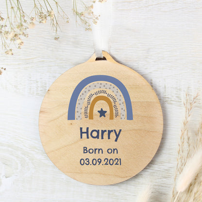 Personalised Blue Rainbow Round Wooden Decoration - MK&JD Gifts