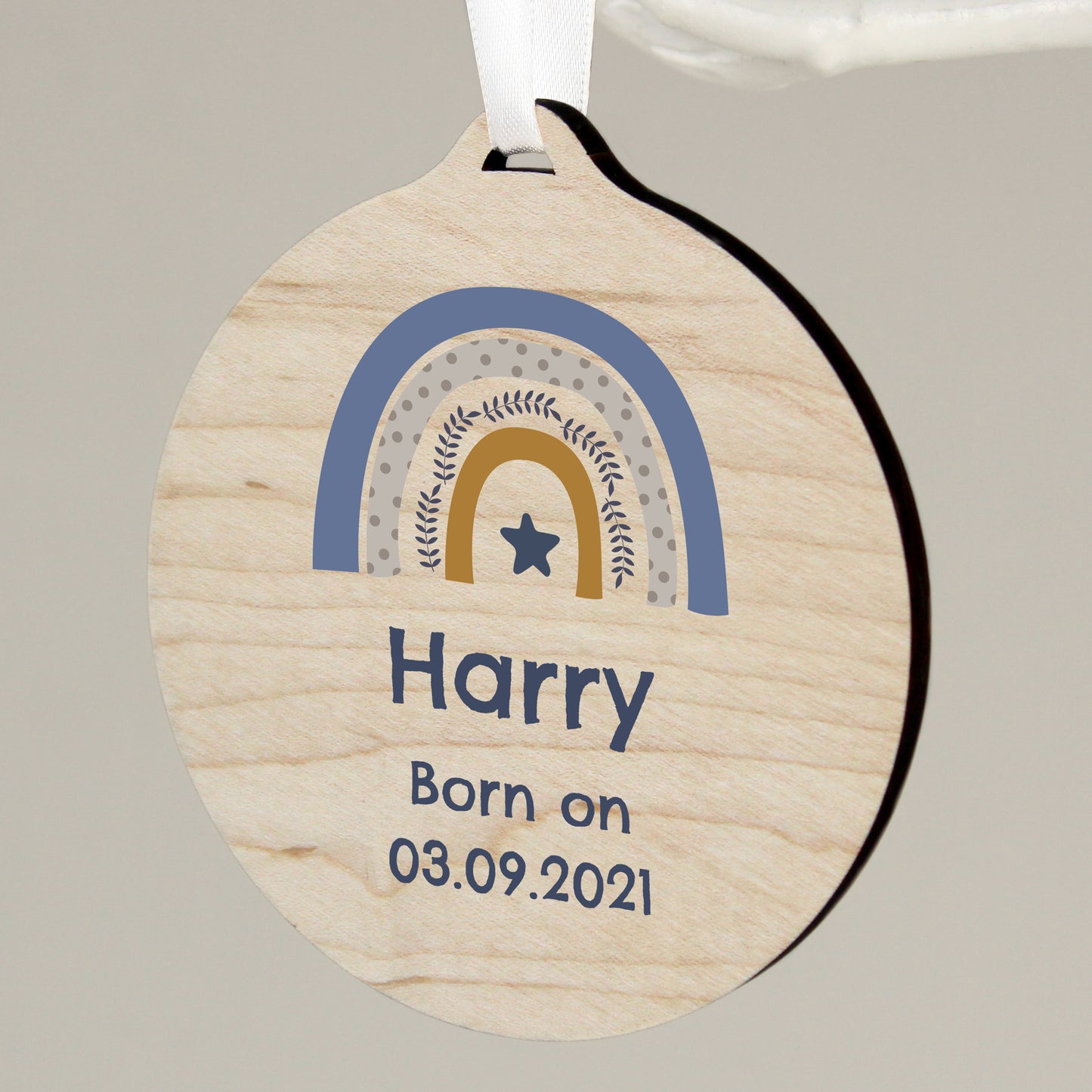 Personalised Blue Rainbow Round Wooden Decoration - MK&JD Gifts
