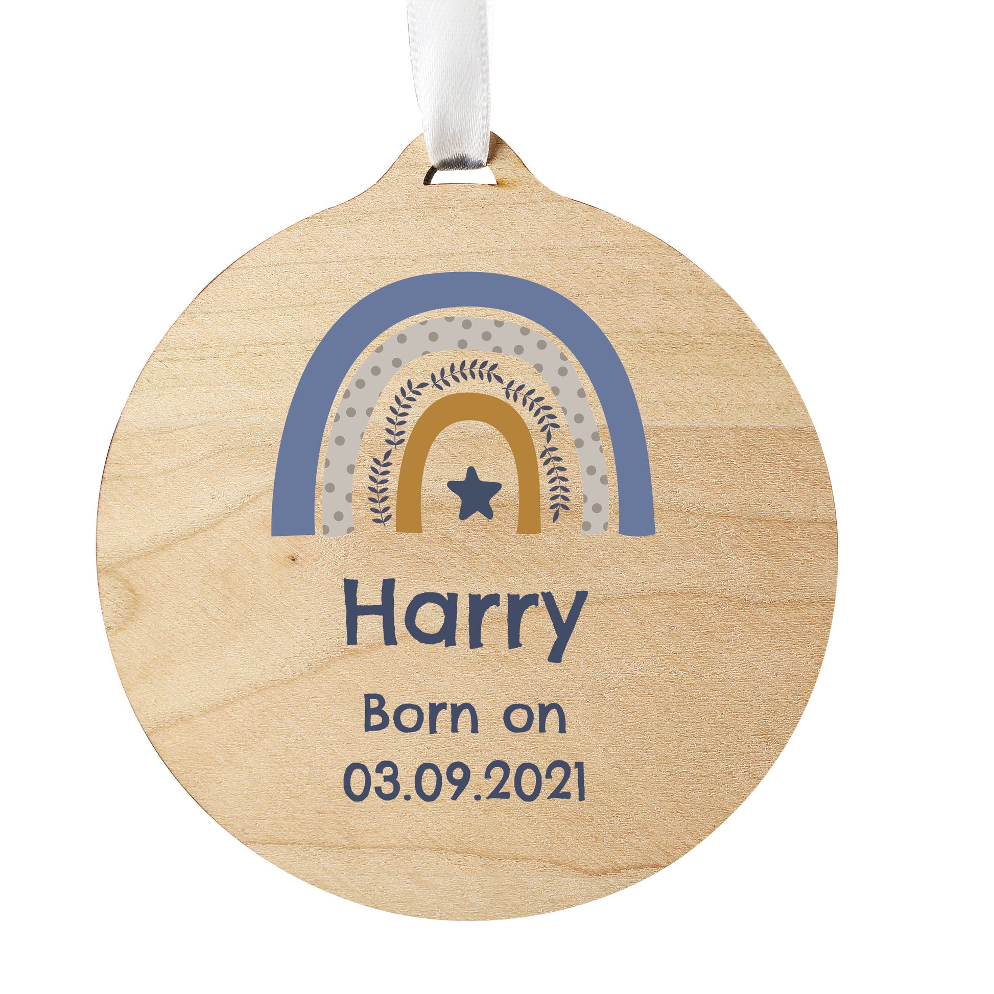 Personalised Blue Rainbow Round Wooden Decoration - MK&JD Gifts