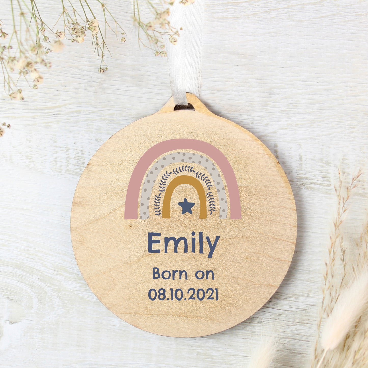 Personalised Pink Rainbow Round Wooden Decoration - MK&JD Gifts