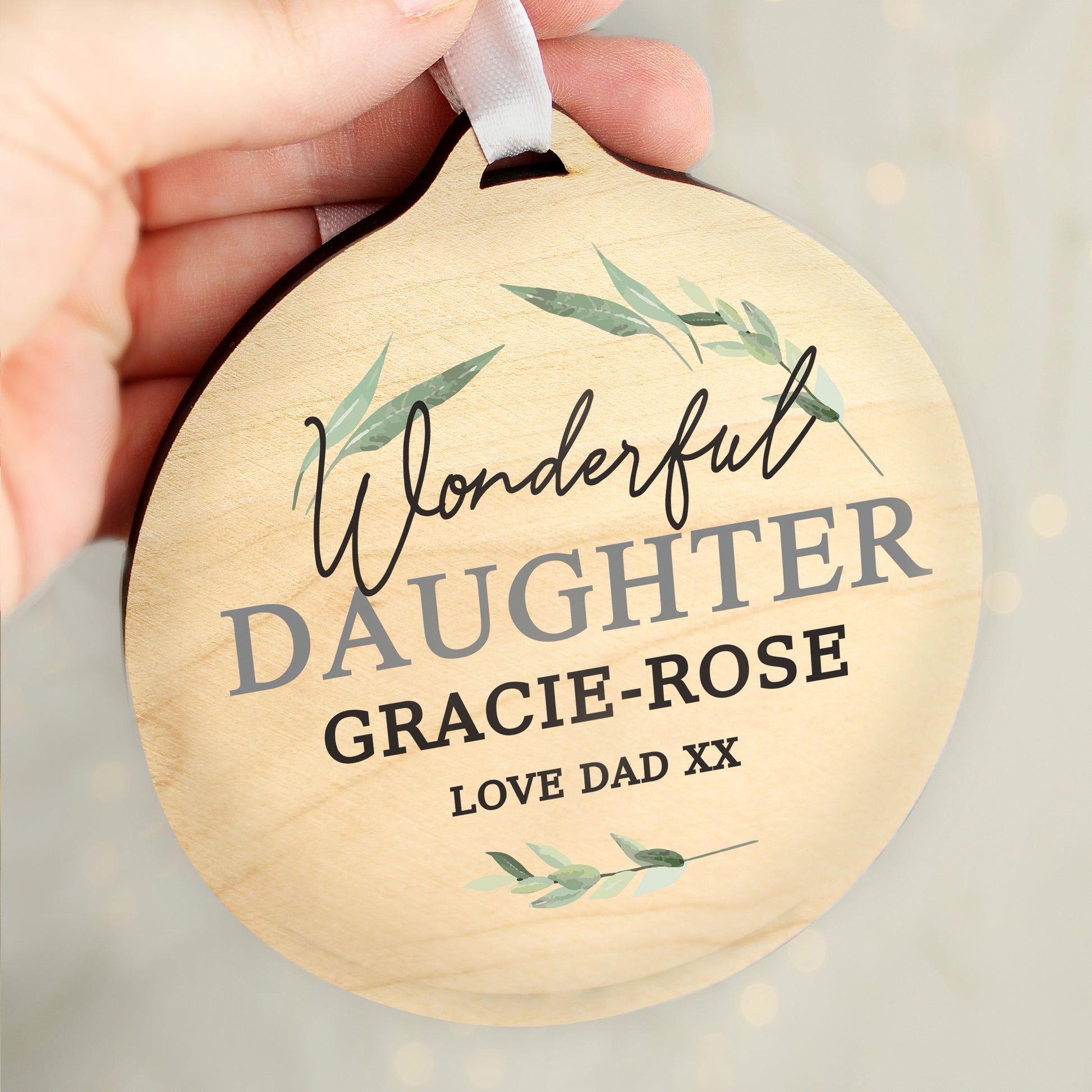 Personalised Leaf Decor Round Wooden Decoration - MK&JD Gifts