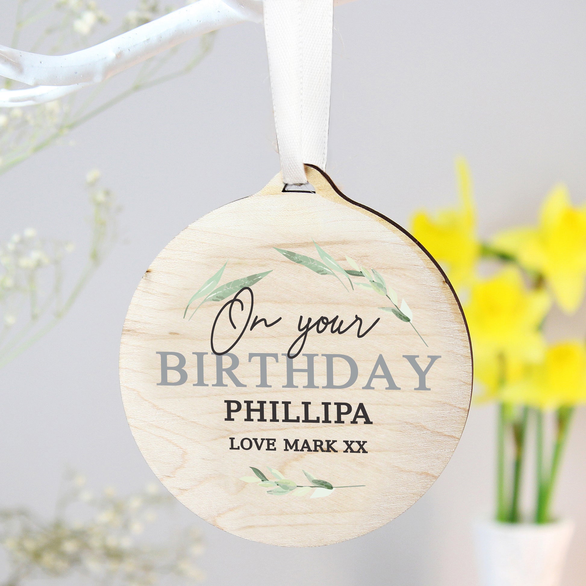 Personalised Leaf Decor Round Wooden Decoration - MK&JD Gifts